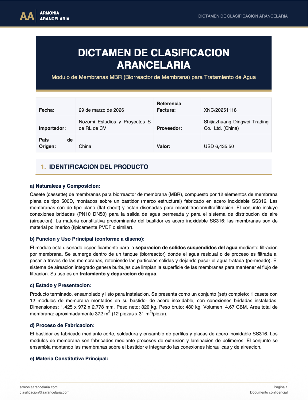 Ejemplo de dictamen de clasificación arancelaria - Página 1